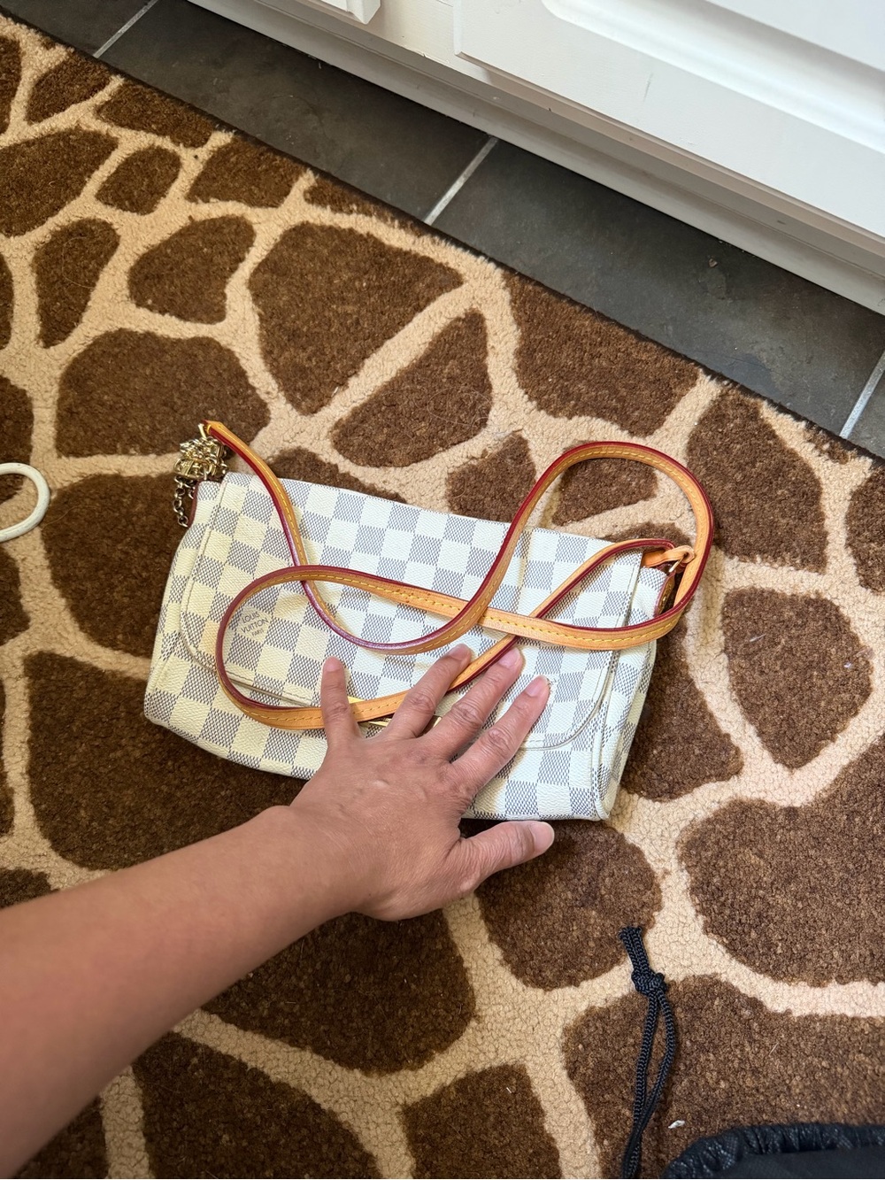 Designer-Inspired White Check Crossbody Bag with Tan Trim